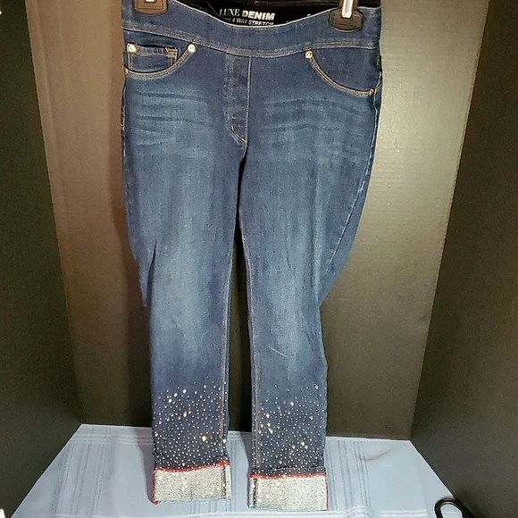 Nygard Luxe Denim Leggings w/ Rhinestone Fade Cuffed Bottoms - Size Small 6-8 - Picture 13 of 14